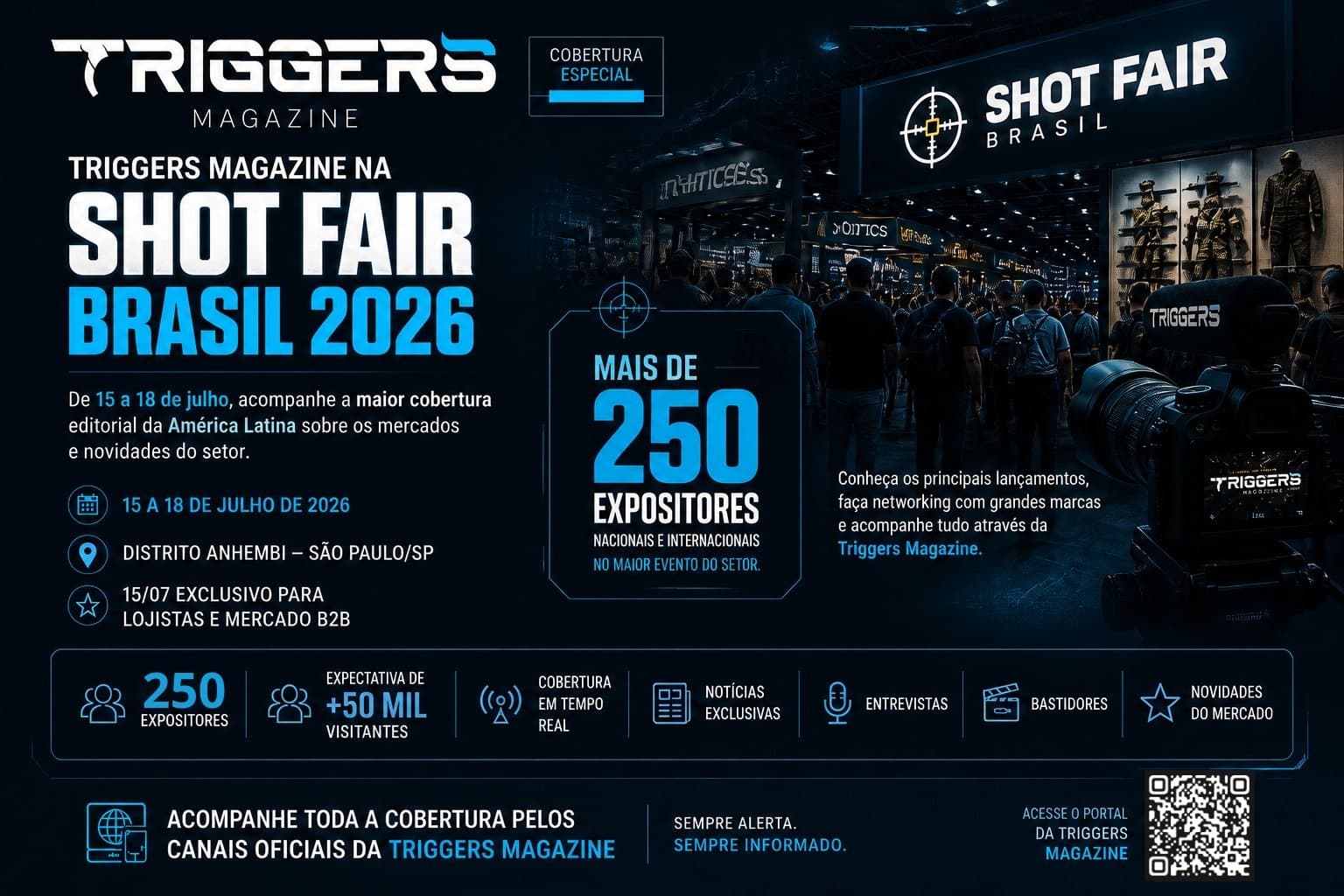 Infográfico apresenta a cobertura da Triggers Magazine na Shot Fair Brasil 2026.