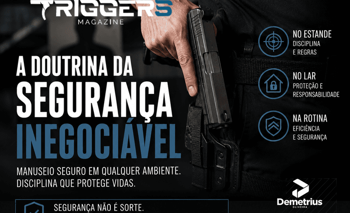 Cartaz sobre doutrina de manuseio seguro de armas no estande, no lar e na rotina.