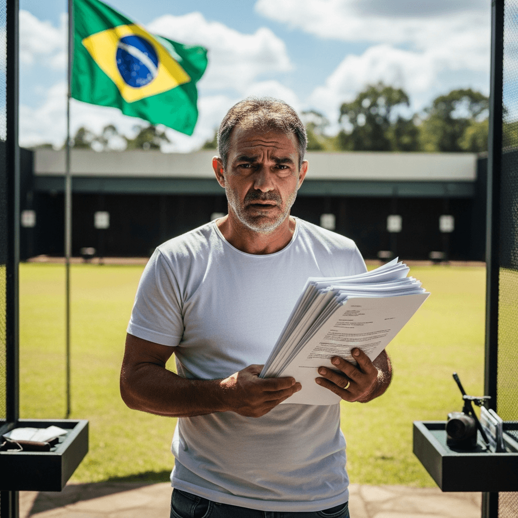 Homem segura documentos em campo de tiro com bandeira do Brasil ao fundo.