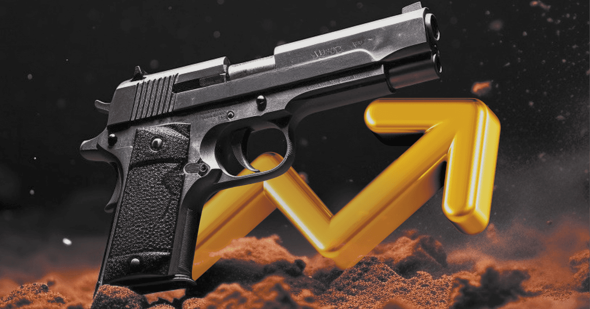 Pistola preta diante de uma seta dourada apontando para cima.