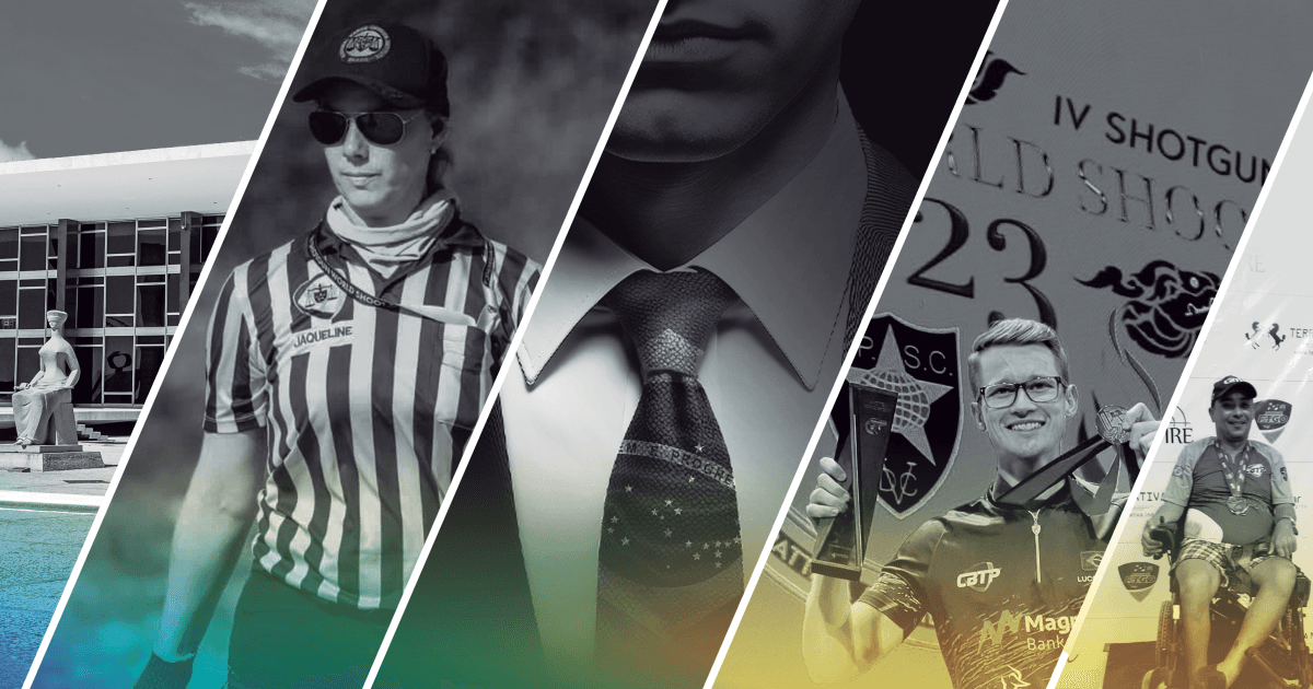 Montagem em preto e branco com profissionais ligados ao tiro esportivo e ao setor bélico.