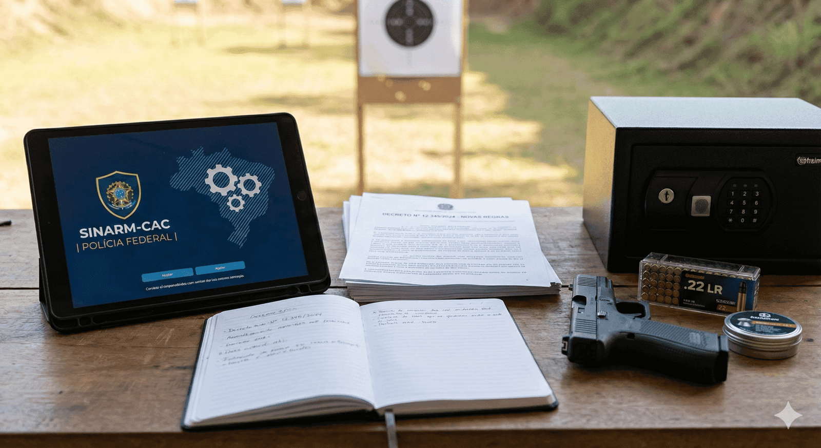 Mesa com tablet do Sinarm-CAC, documentos, cofre, pistola e munição.