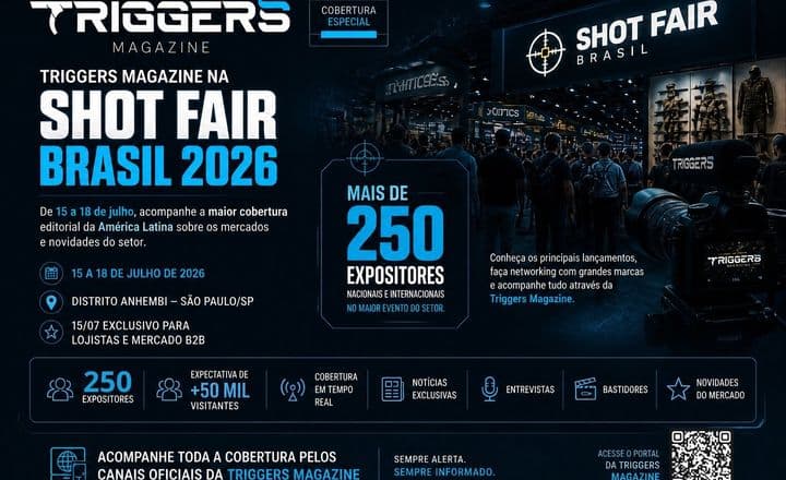 Infográfico apresenta a cobertura da Triggers Magazine na Shot Fair Brasil 2026.