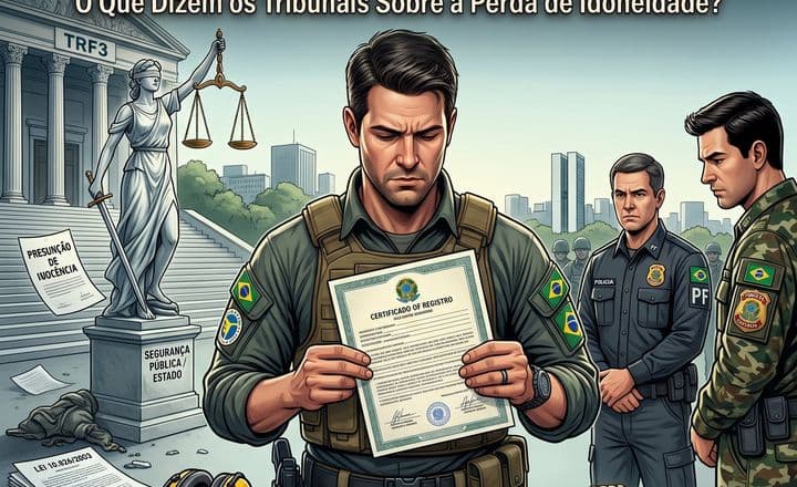 Ilustração de homem com certificado diante de agentes e símbolos da Justiça.