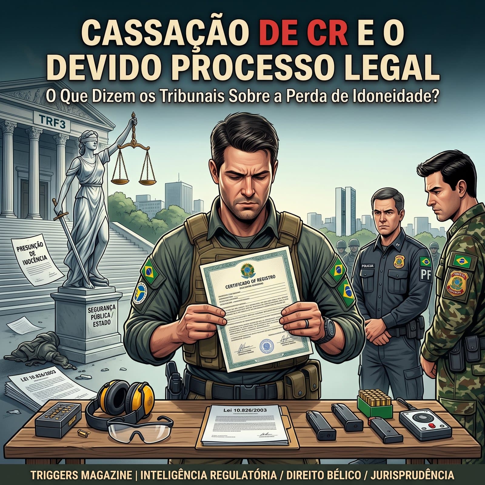 Ilustração de homem com certificado diante de agentes e símbolos da Justiça.