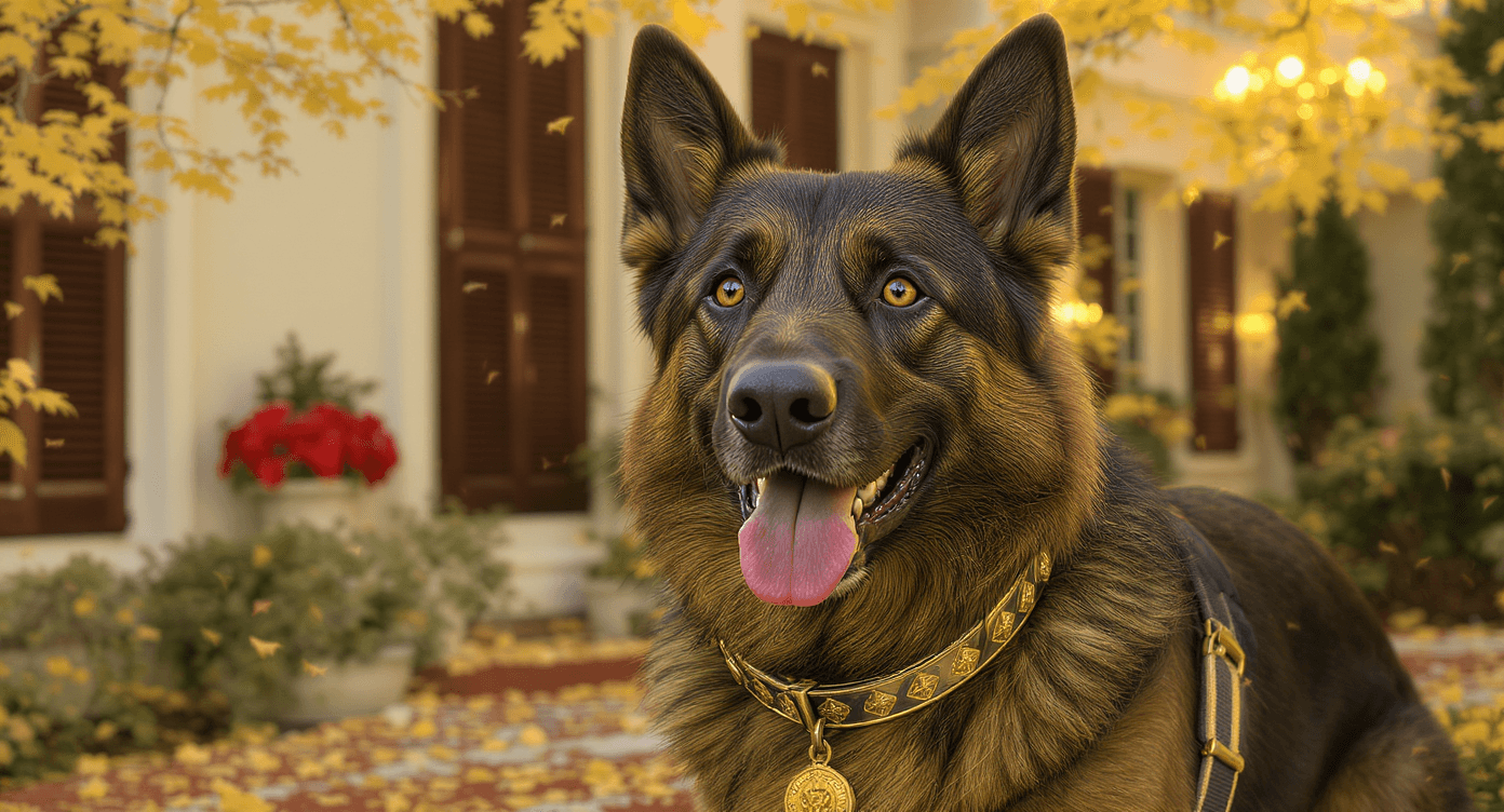 Cão pastor-alemão com medalha diante de uma residência.