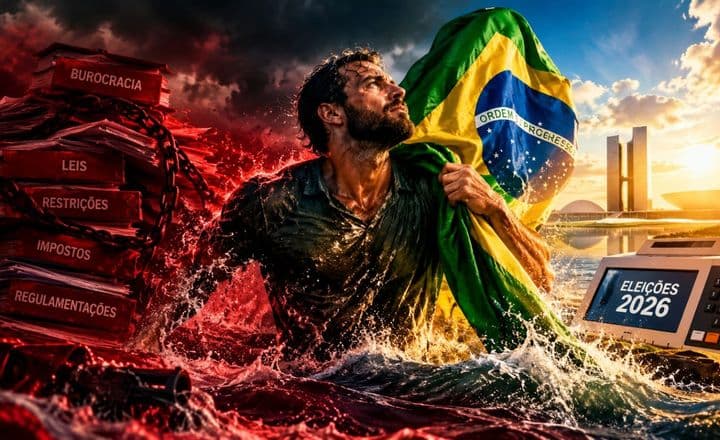 Ilustração de um homem com a bandeira brasileira entre ondas, documentos e uma urna com a inscrição Eleições 2026.