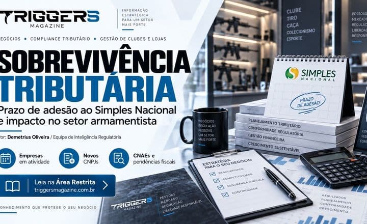 Arte da Triggers com o título Sobrevivência Tributária, documentos, calculadora e referência ao Simples Nacional.