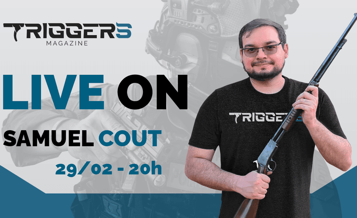 Arte de divulgação de live com Samuel Cout segurando uma arma longa.