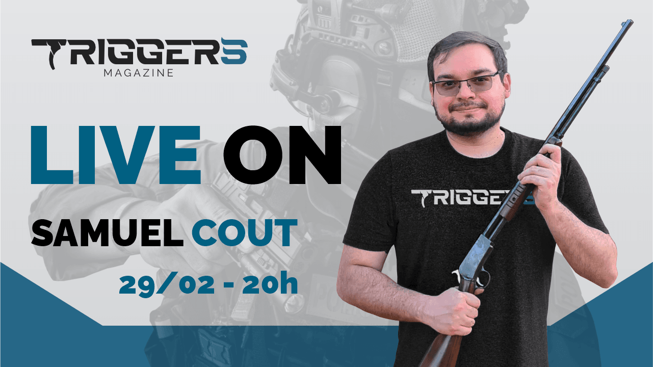 Arte de divulgação de live com Samuel Cout segurando uma arma longa.
