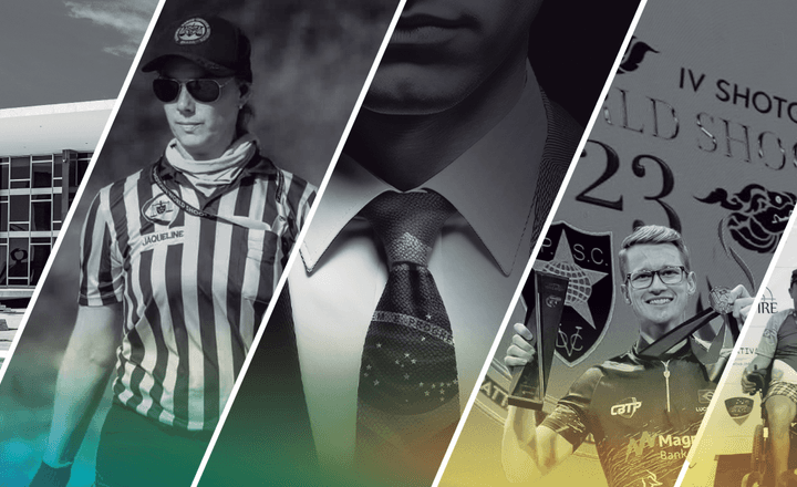 Montagem em preto e branco com profissionais ligados ao tiro esportivo e ao setor bélico.