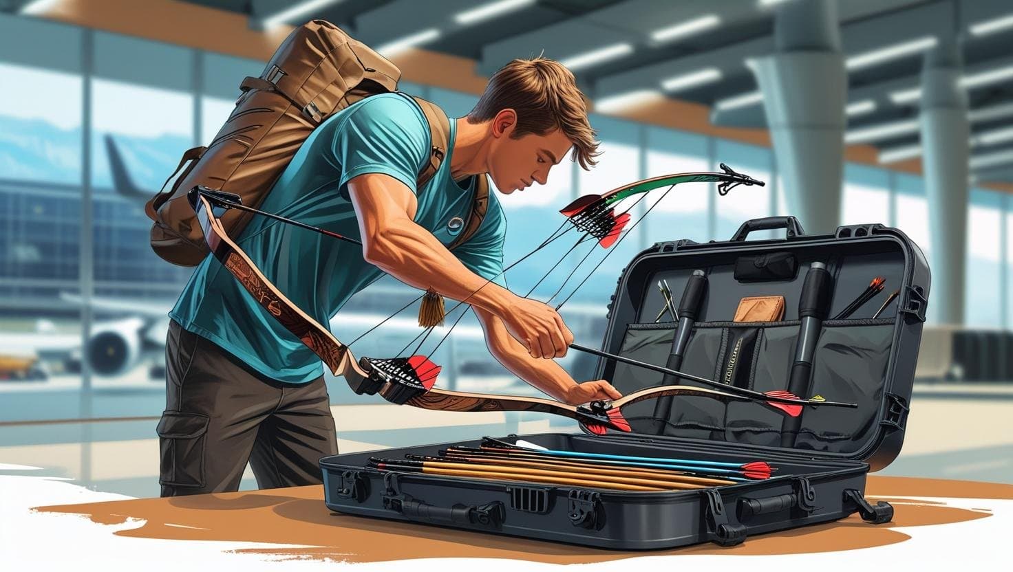 Ilustração de arqueiro organizando arco e flechas em estojo de transporte.