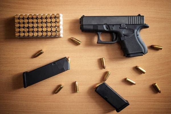 Pistola, carregadores e cartuchos organizados sobre uma mesa de madeira.