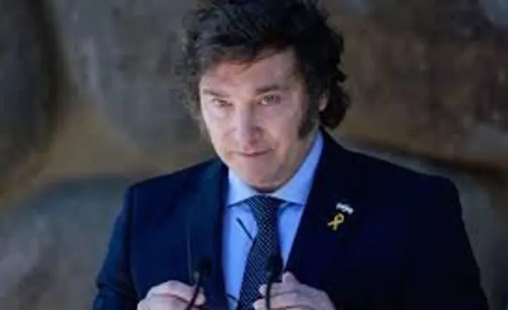 Javier Milei fala durante uma reunião.