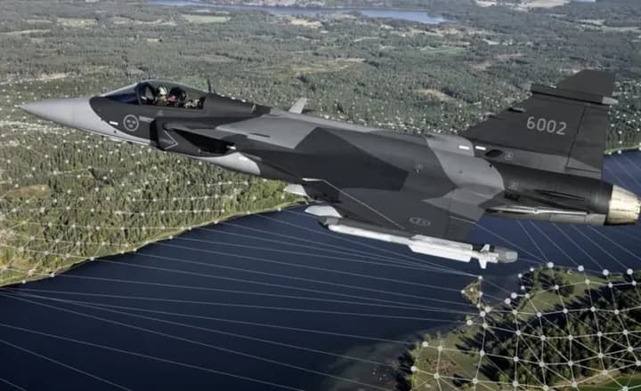 Caça Gripen sobrevoa região costeira em ilustração tecnológica.