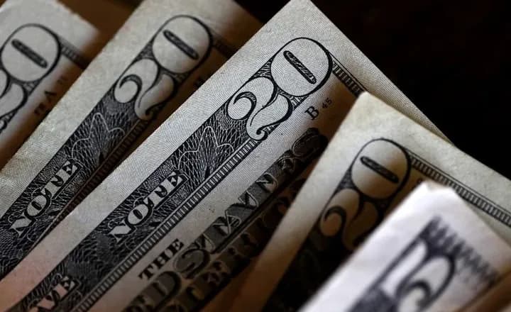 Cédulas de dólar americano vistas em close.
