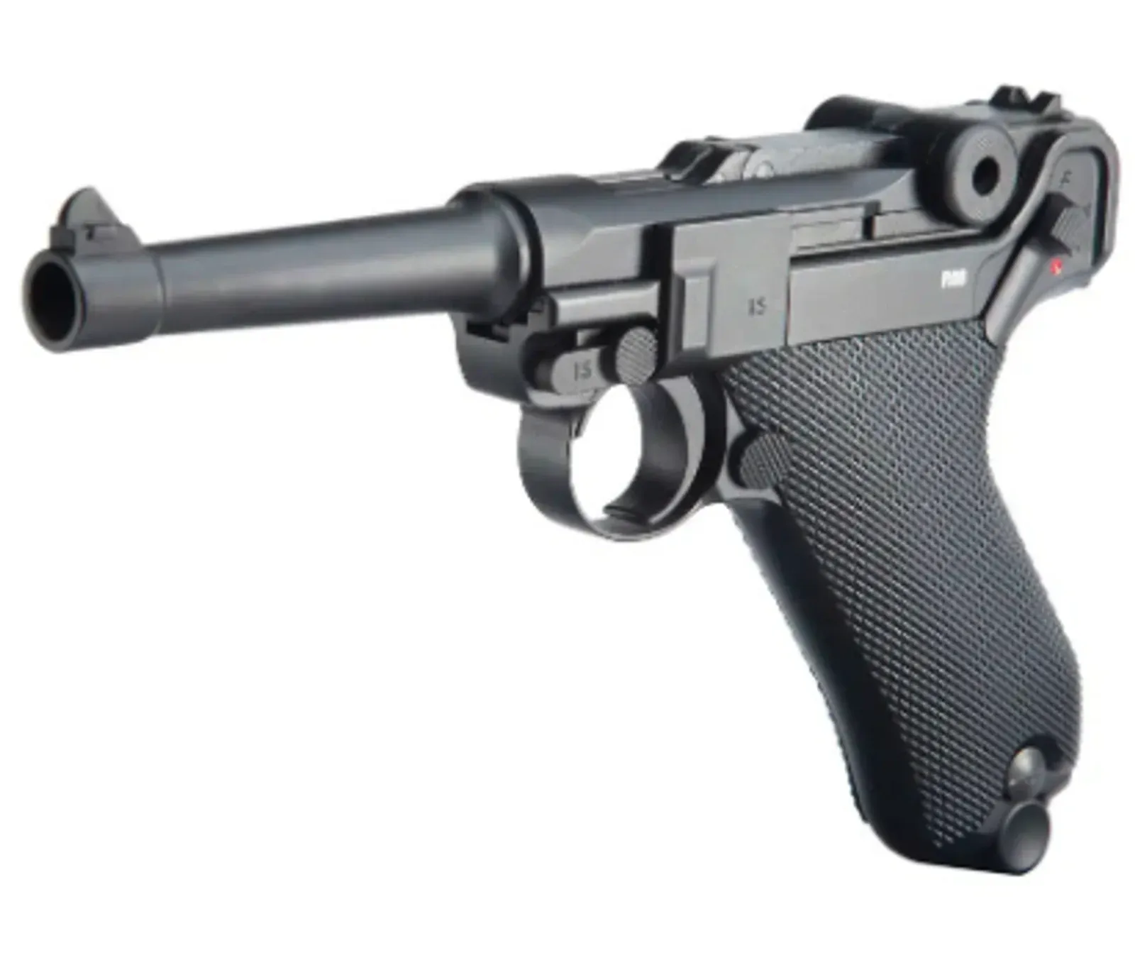 Pistola de CO2 Luger P08 vista de perfil sobre fundo branco.