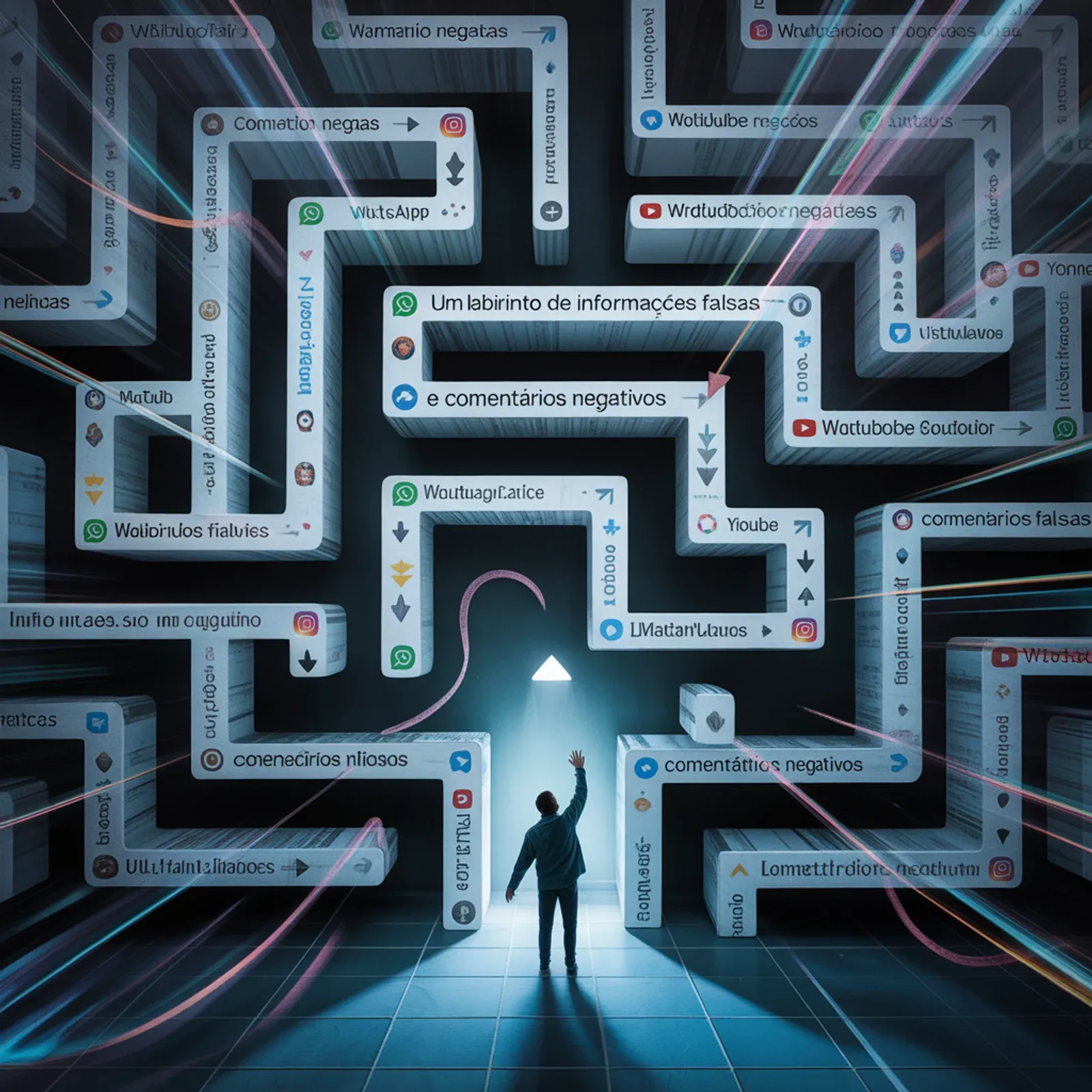 Ilustração de pessoa diante de labirinto formado por telas e mensagens digitais.