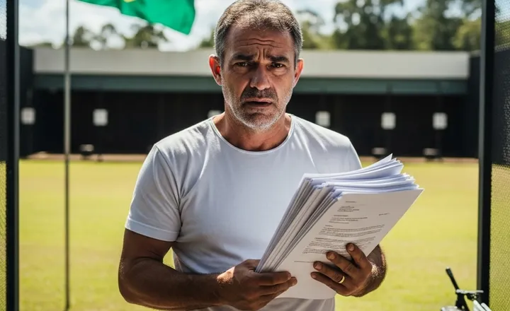 Homem segura documentos em campo de tiro com bandeira do Brasil ao fundo.