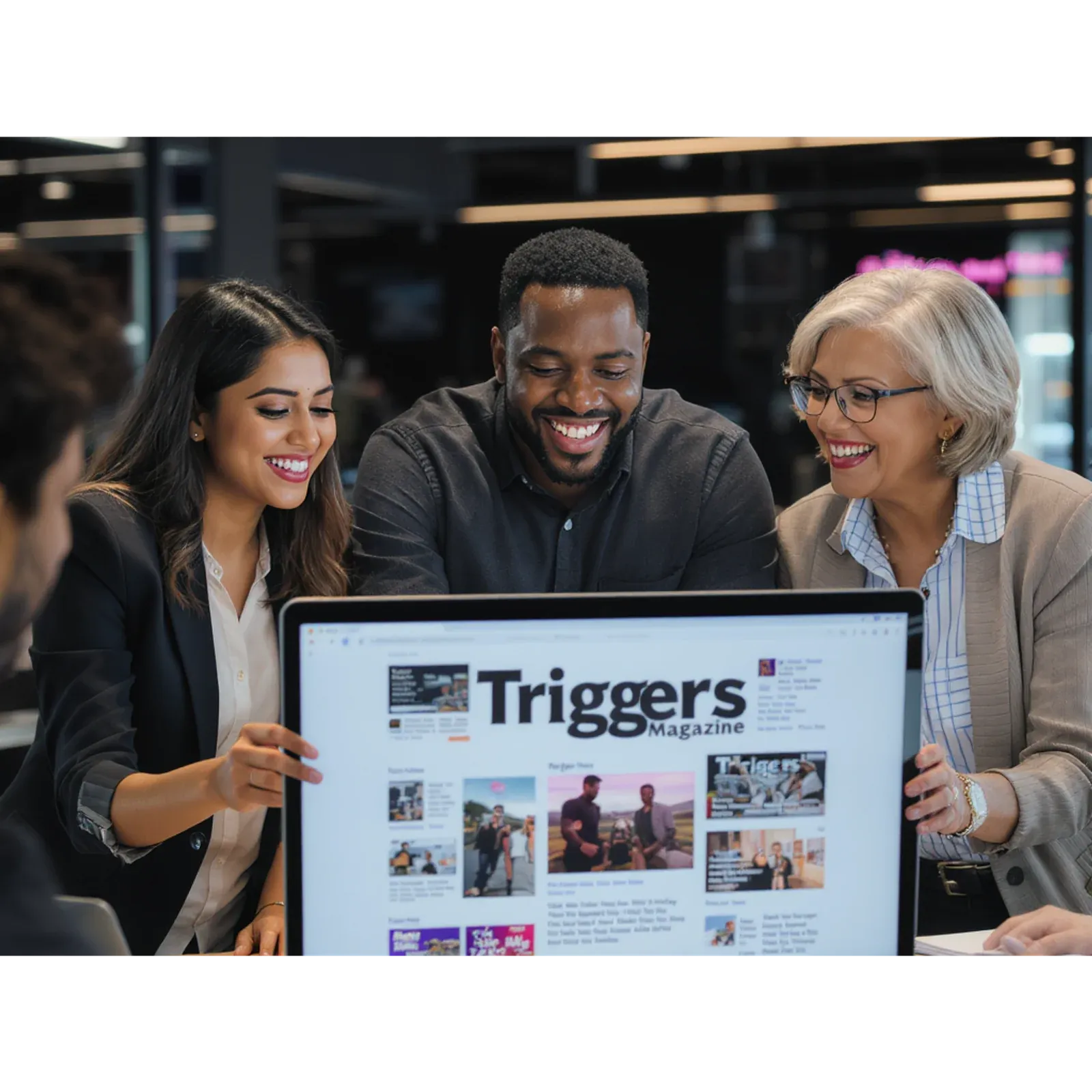 Três pessoas apresentam uma tela com o portal da Triggers Magazine.