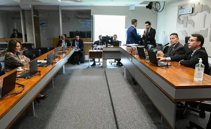 Reunião de comissão com parlamentares e representantes sentados à mesa.