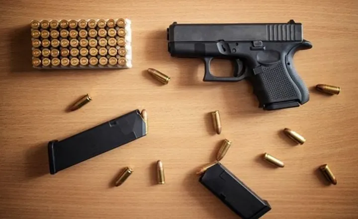 Pistola, carregadores e cartuchos organizados sobre uma mesa de madeira.