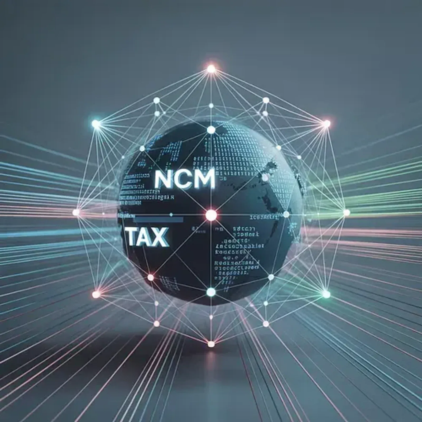 Globo digital com conexões e os termos NCM e Tax.