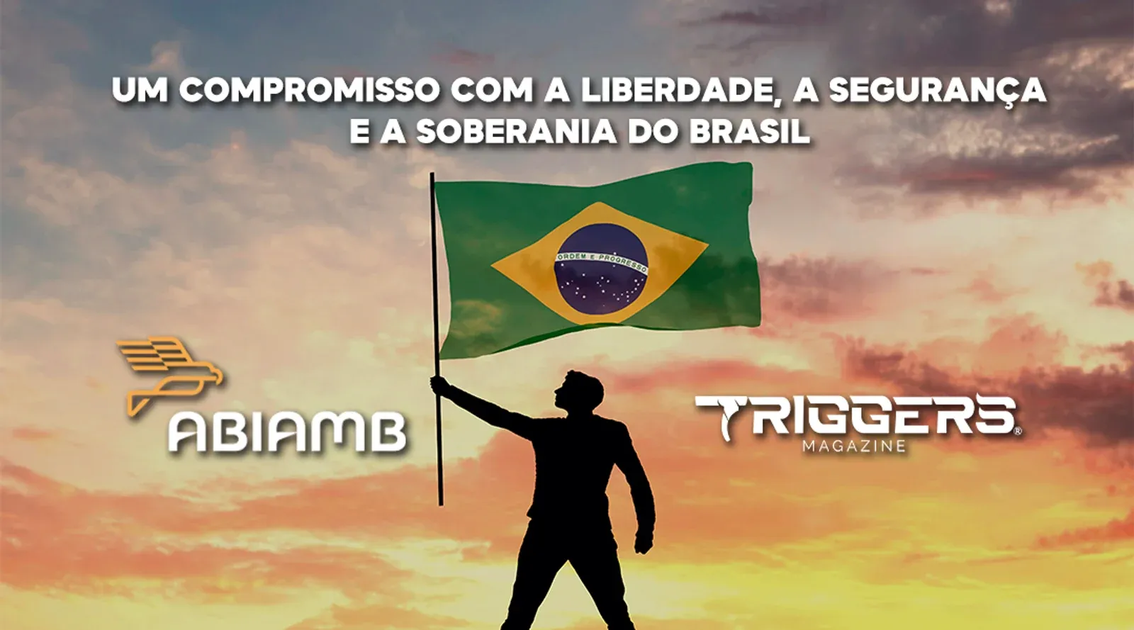 Arte da ABIAMB e Triggers Magazine com bandeira do Brasil ao pôr do sol.