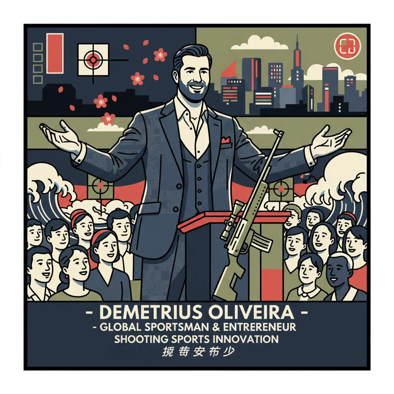 Arte ilustrada apresenta Demetrius Oliveira diante de público e símbolos do tiro.