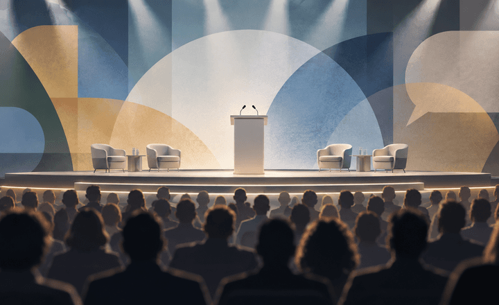 Ilustração conceitual de auditório, palco e público para representar debate público.