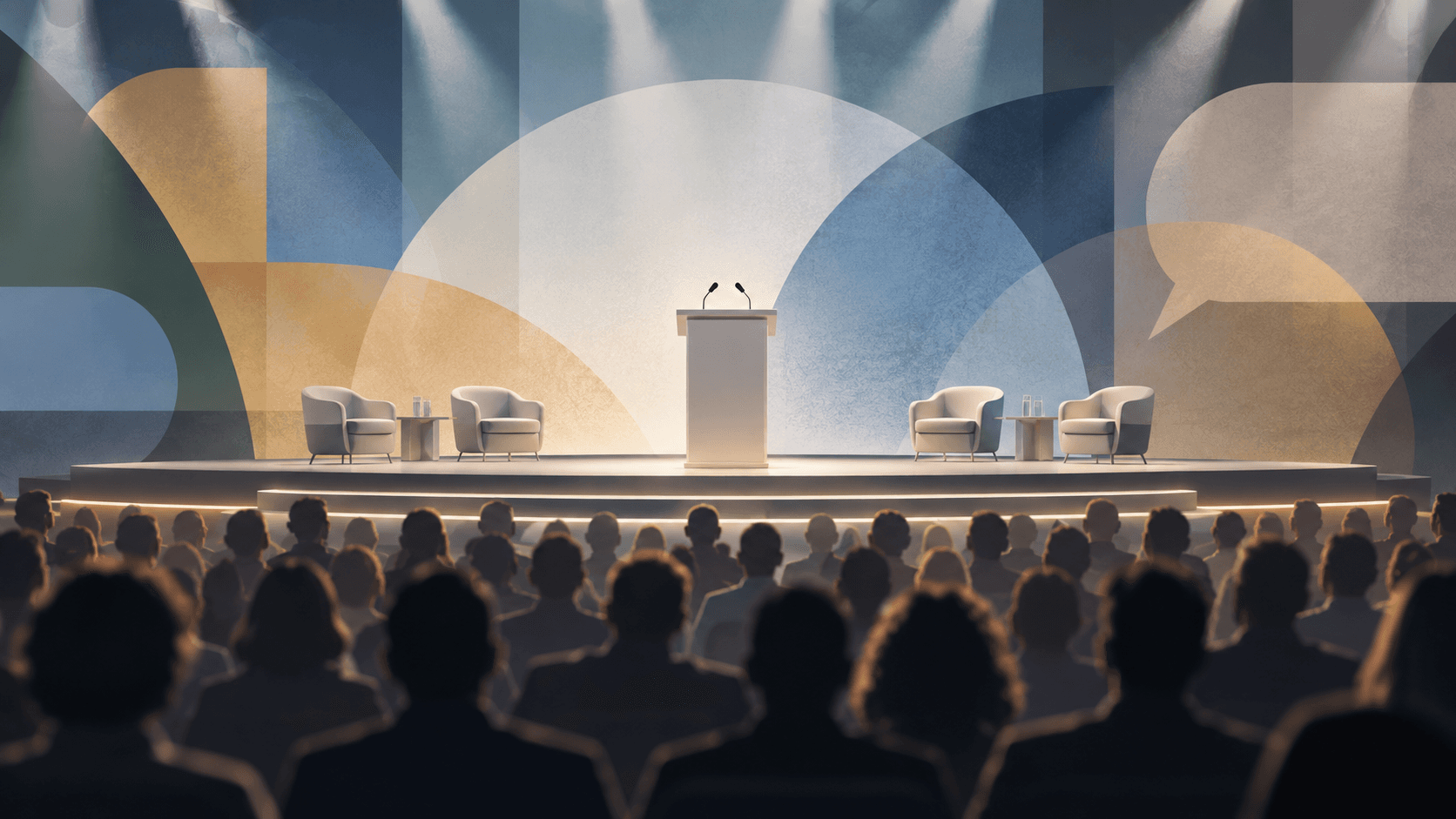Ilustração conceitual de auditório, palco e público para representar debate público.