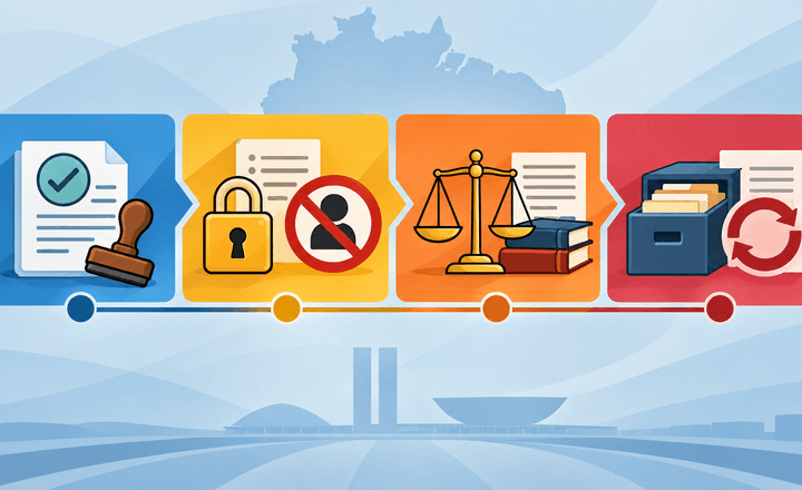 Ilustração conceitual de uma linha do tempo regulatória com documentos, escala e arquivo.