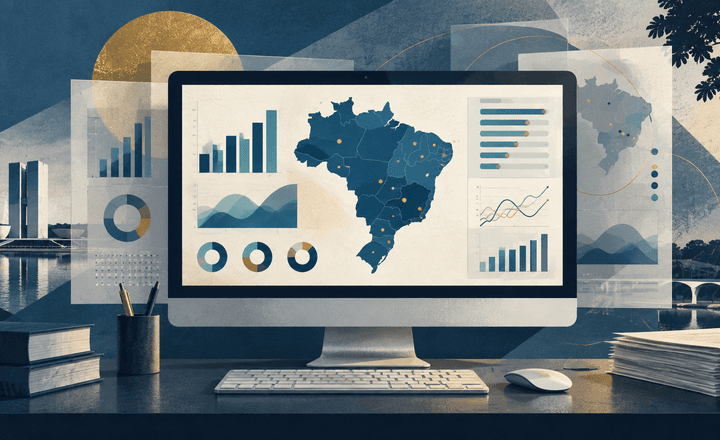 Ilustração conceitual de monitor com gráficos e mapa do Brasil, representando a consulta a dados públicos.