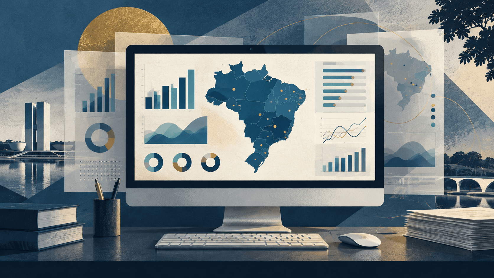 Ilustração conceitual de monitor com gráficos e mapa do Brasil, representando a consulta a dados públicos.